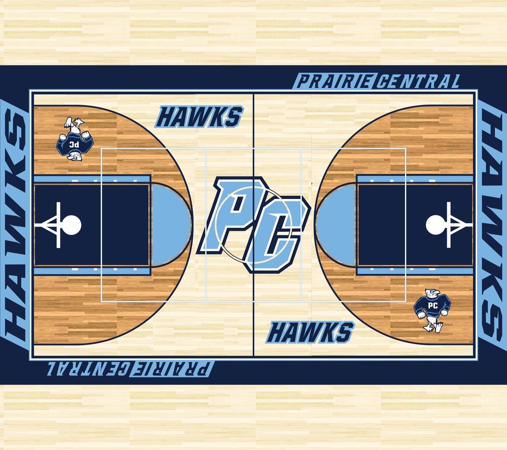 Picture of a  gym floor with PC and Hawks written on it