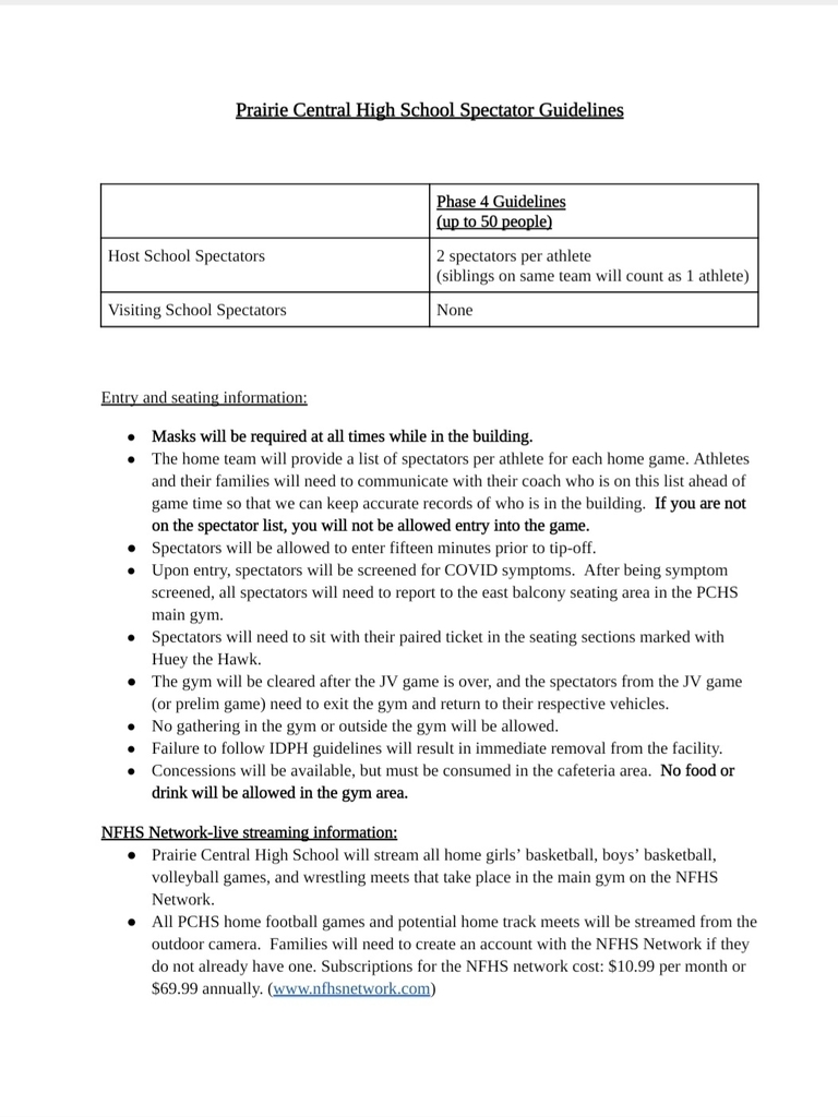 PCHS COVID Spectator Guidelines